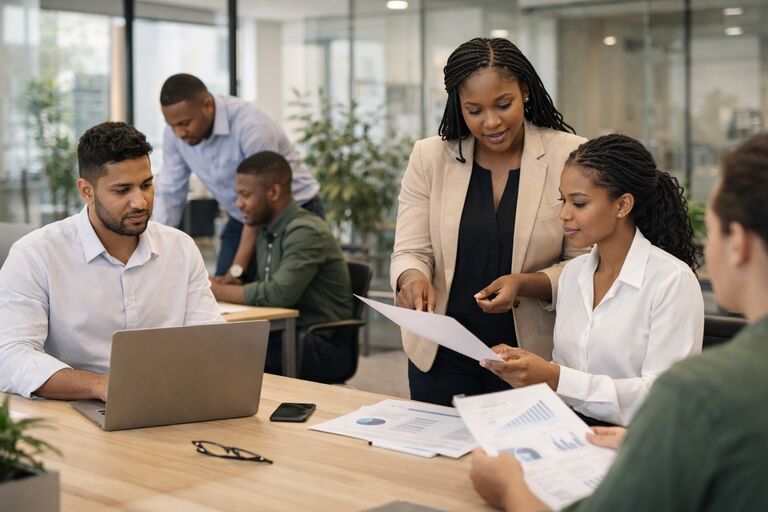 A client-facing team reviewing account documents together at a desk in a professional office