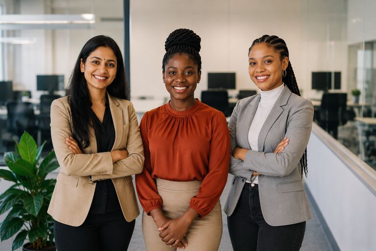 Three colleagues standing together in a professional office
